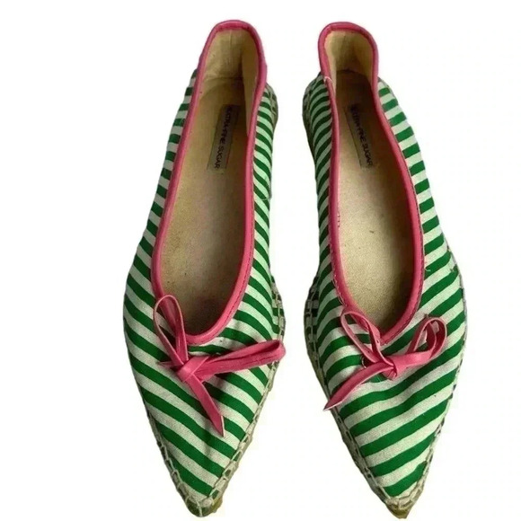 Extra-fine Sugar Espadrilles Size 6 Green/White Stripe with Pink Bow Flats - Picture 3 of 16